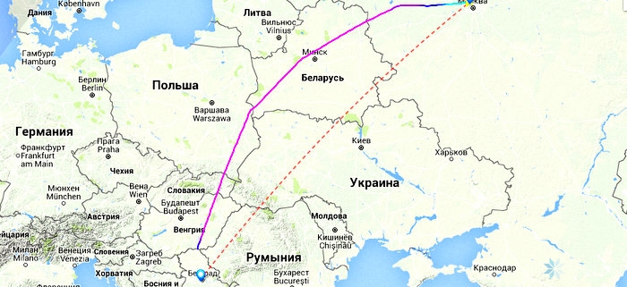 Карта полета рейса Москва - Белград